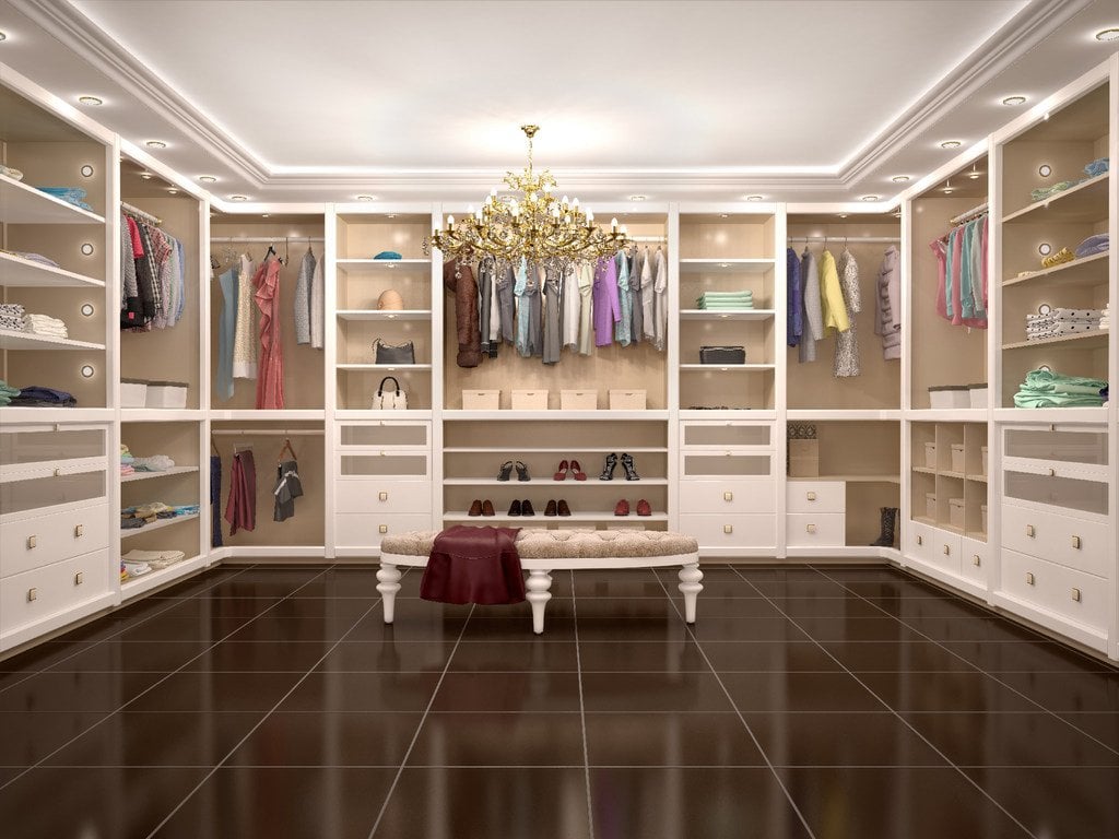chandelier, tile floor, white closet
